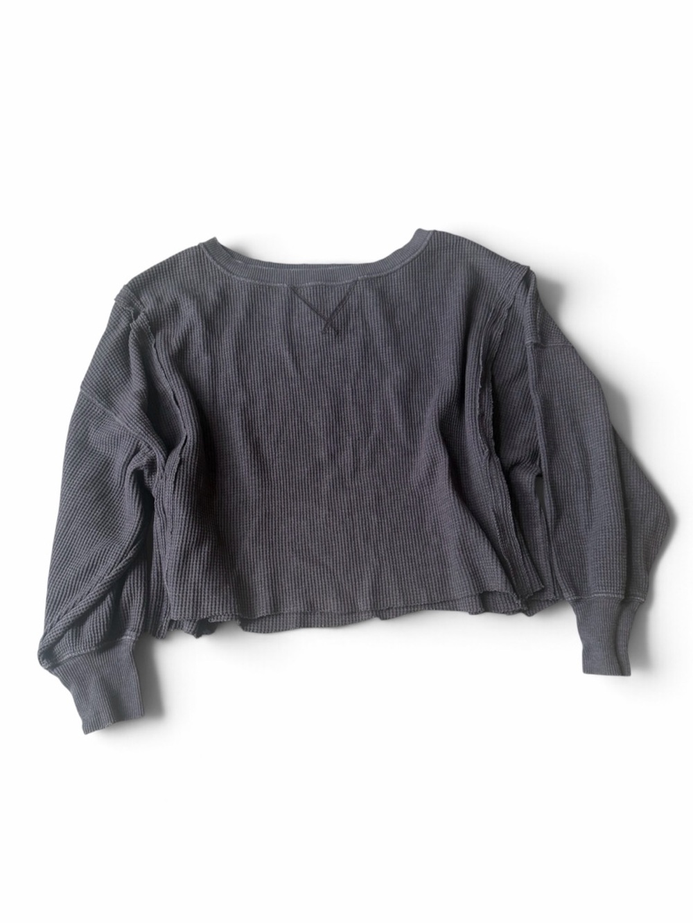 American Eagle Waffle Knit Cropped Oversized Long-Sleeve Sweater Top Charcoal S